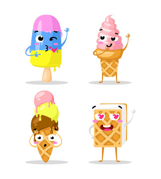 Collection sweets emotion lovely ice cream, doodle icons. Beautiful sweet ice cream. Set of funny ice creams. Flat design. Vector clip art
