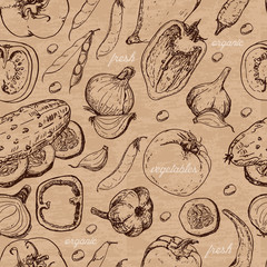 Seamless pattern with fresh vegetables. Tomato, pepper, cucumber, chilli, onion, garlic and beans