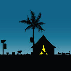 camping in nature with girl pretty silhouette illustration