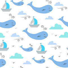 Simple illustration of marine life for kids. Seamless pattern. Whales, ships, clouds and wind on white background. Illustration for textile, wrap or wallpaper. - obrazy, fototapety, plakaty