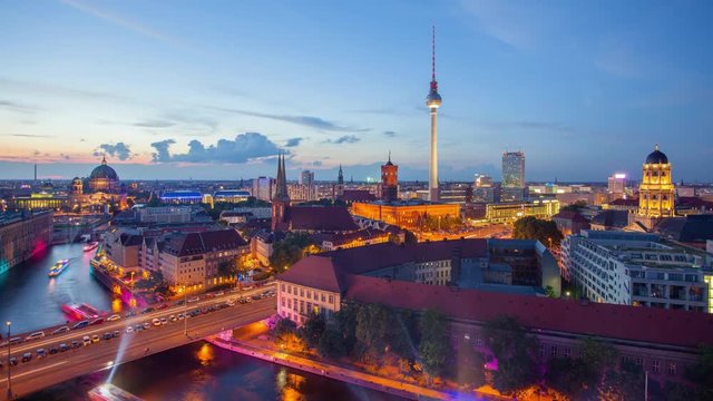 Berlin Skyline Light City Timelapse with Speed Boats and Traffic in 4K UHD and 1080p Full HD, German Capital