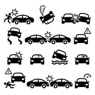 
Road Accident, Car Crash, Personal Injury Vector Icons Set 