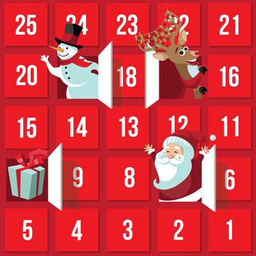 
Christmas Advent Calendar with Santa Claus, reindeer, snowman and gift. EPS 10 vector.