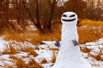 scary snowman as a monster on a background of yellow grass. Halloween. © Aleksandr Simonov