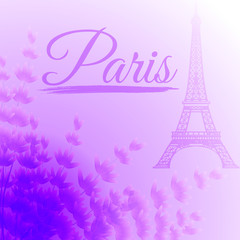 Fototapeta na wymiar Paris Eiffel tower on a gentle purple background with lavender flowers