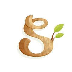 S letter logo with wood texture and green leaves.