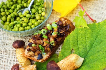 Roasted mushroom, pea and autumn leaf
