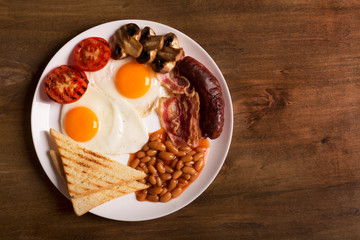 English breakfast on a white wooden table