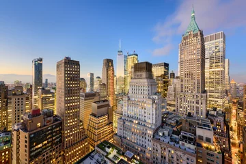 Poster de jardin New York Quartier financier de la ville de New York au crépuscule.