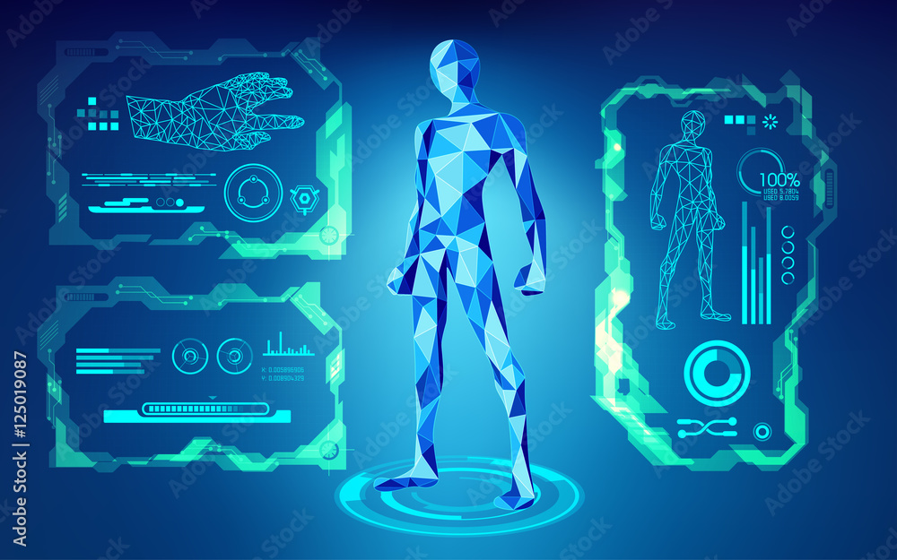 Poster scientific interface; futuristic backdrop; abstract technology background; blue digital theme; polyg