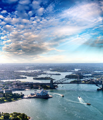 Sydney Harbour aerial view at sunset