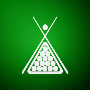 Billiard cue and balls flat icon on green background. Vector Illustration