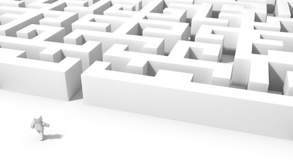 cubic character going to labyrinth. 3d illustration.