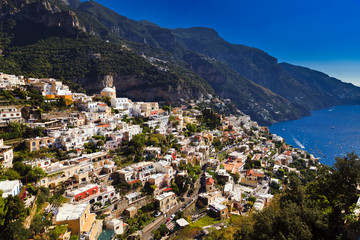 beautiful landscape view of the Positano Amalfi Coast, sea and mountains . Italy