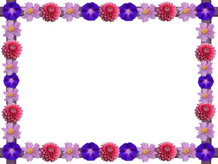 Blütenrahmen auf weißem Hintergrund: Dahlien, Anemonen, Winden