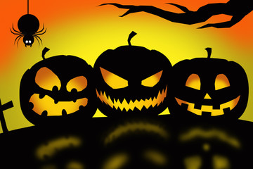 Halloween night : three lantern pumpkins in black silhouette 