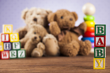 Baby block, toys collection on colorful background