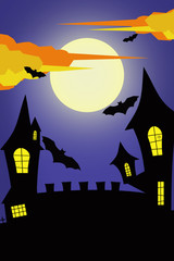 Halloween night : Horror castle and full moon on blue night sky