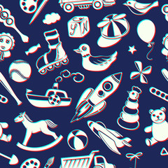 Obraz premium Children Seamless Vector Background with Cartoon Toys, stylized as 3d Illustration