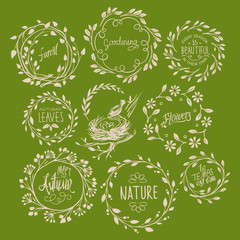 Vintage Hand-drawn Wreaths of Leafy and Floral Branches