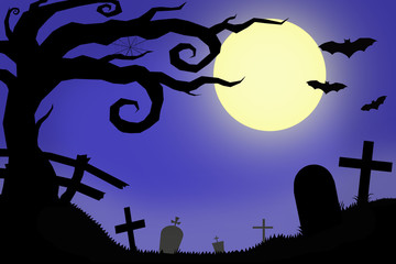 Halloween night : Graveyard and horror tree on blue night sky