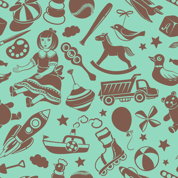Children Seamless Vector Pattern with Cartoon Toys on Turquoise Background