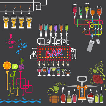Retro Simple Bar Decorative Compositions of Bottles, Glasses and Drinks Attributes