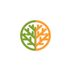 Isolated abstract green, orange color tree logo. Natural element logotype. Leaves and trunk icon. Park or forest sign. Environmental symbol. Vector tree illustration.