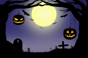 Halloween night : Graveyard and pumpkin hang on horror tree on blue night sky