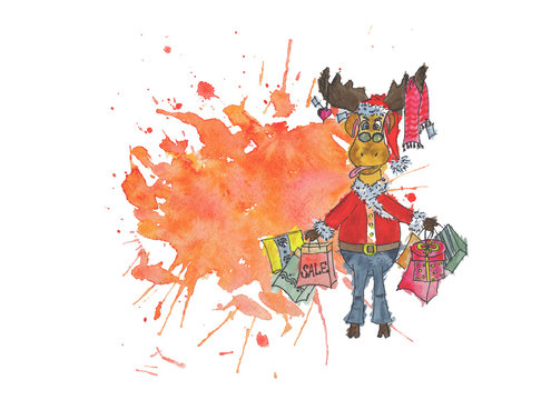 Moose shopping on abstract background. Sale concept. Watercolor Hand Drawn
