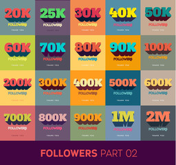 Retro Thanks Design SET for Network Friends and Followers. Thank you  card. Image  Social Networks. Web user celebrates a large number of subscribers or 