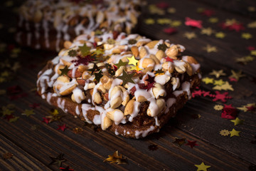 piece of cake, cookies with nuts and white icing, Christmas star