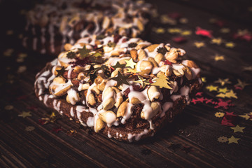 piece of cake, cookies with nuts and white icing, Christmas star