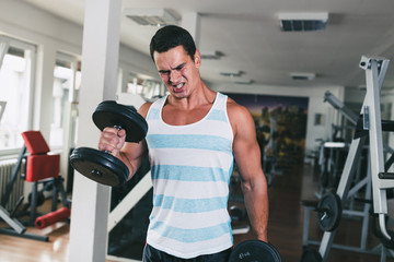 Fototapeta na wymiar Young attractive adult man exercising and doing weight lifting at fitness gym. Sport training indoors.
