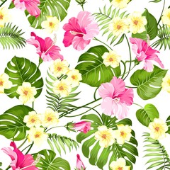 Seamless tropical flower. Tropical plumeria and green palm leaves. Light fabric swatch with pradise flowers isolated over white background. Blossom plumeria for seamless pattern background.