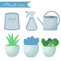Vector set of indoor plants care icons: package of soil, flowerpots, watering pot, spray. Flat style.