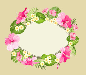 Tropical flower wreath with place for invitation card text. Happy holiday card with floral garland. Summer holiday invitation card isolated over brown background. Vector illustration.