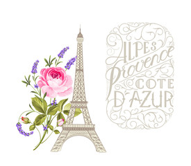 Retro label, vintage badge with calligraphic text and Eiffel tower simbol with blooming flowers. Vector illustration.