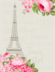 Fototapeta na wymiar Eiffel tower simbol with spring blooming rose over gray text pattern with sign Paris souvenir. Vector illustration.
