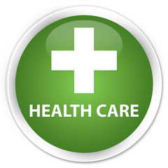 Health care (plus sign) soft green glossy round button