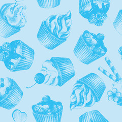 Cupcakes blue seamless pattern. Vector illustration