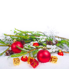 Fototapeta na wymiar Christmas decorations on snow
