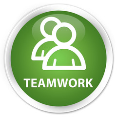 Teamwork (group icon) soft green glossy round button