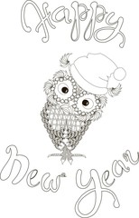 Lettering Happy New Year, zentangle cute owl, coloring page vector illustration