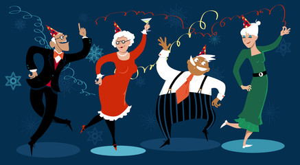 Group of active seniors dancing at a winter holidays party, EPS 8 vector illustration, no transparencies 