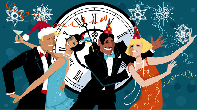 Group of people dressed in 1920s fashion and party hats dancing the Charleston, celebrating winter holidays, EPS 8 vector illustration, no transparencies 