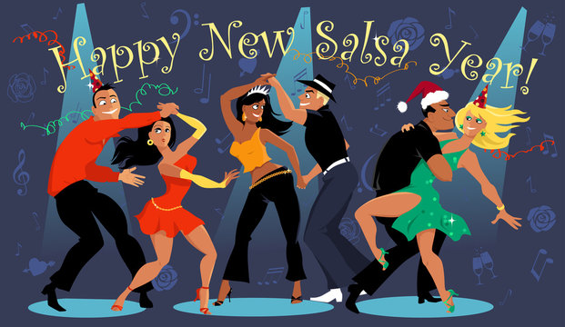 People dancing at the New Year's eve salsa dance party, EPS 8 vector illustration, no transparencies 