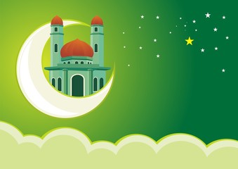 Islamic Greeting Card, mosque with moon, star on the sky