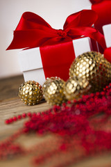 Christmas balls, Gift box with red ribbon, Holiday background