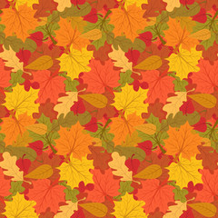 Naklejka na ściany i meble Autumn seamless pattern of colorful leaves. Vector illustration background. Endless